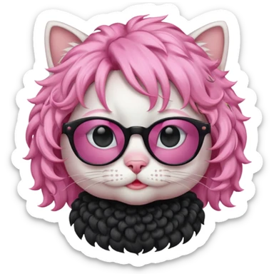 White cat wearing pink curly wig, black sunglasses sticker