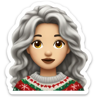 Asian girl with thick lips long wavy dark hair on the side with Christmas sweater  sticker