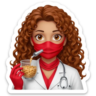 Sensual Spanish Lilith core evil surgeon.red outfit.  Surgeon has hazel eyes. Her hair is BROWN. Hair is also  long and  curly. wearing a sexy surgeon outfit with platform  heels.she is a calculated smart cereal killer. She covers only her mouth and nose with silk scarf to hide identity  sticker
