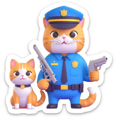 a police officer and a cat, the cat holding a small gun, both looking surprised sticker