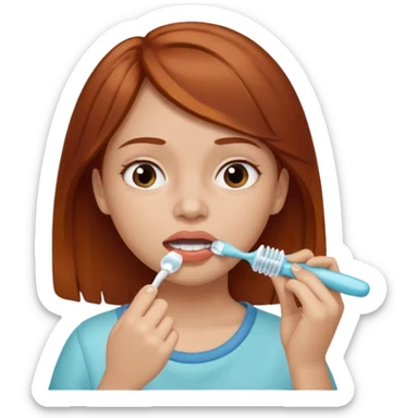 A reddish-brown-haired girl, newly awakened in the morning, is getting ready for work, brushing her teeth. sticker