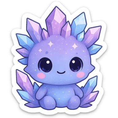 Create a kawaii chibi crystal sprite creature sitting, colored purple, blue, and pink. The creature should be cute and sparkly with a small body. Remove the background. sticker