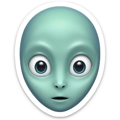 Portrait of an alien with smooth greenish-blue skin, large black oval eyes, small nose, and no visible ears, elongated head, front-facing, calm expression, soft glow, simple futuristic design sticker