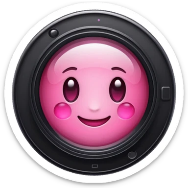 A round camera lens, apple emoji style, minimalist, with highlights, pink sticker