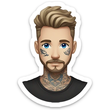 Man with Light brown hair, neck tattoos, arm tattoos, mustache and beard, blue eyes, silver nose piercing hoop, black anime graphic tee sticker