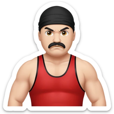White skin fat guy with prominent black durag, short black beard and mustache, black eyes in a red and black wrestling singlet with angry face sticker
