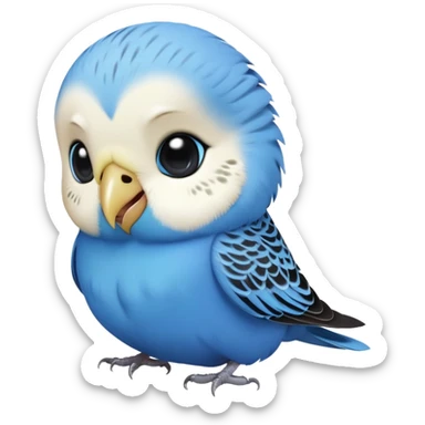 cinematic-cute-blue-budgie-portrait-emoji,-head-tilted-playfully-and-inquisitively,-featuring-a-brilliant-blue-feathered-fur-and white and black feathered face-with-a-natural-sheen,-round,-sparkling-dark-eyes-filled-with-curiosity,-simplified-yet-irresistibly-adorable sticker