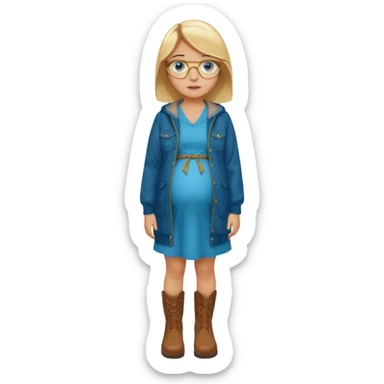 18 year-old pregnant between blonde and brown haired girl with golden glasses with blue eyes in a long bright blue dress and a dark green jacket over the dress and brown boots standing sassily sticker