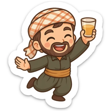 Kurdish man or woman in jamadani, cartoon style, joyful and festive, celebrating with a dance or raised glass, no text sticker