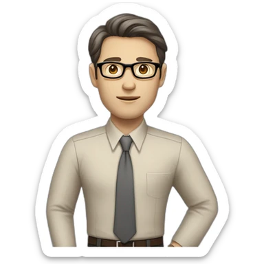 Full height Pale skinned Fit Man With dark brown hair in classic gray suit, beige office shirt, dark gray tie, and vintage glasses. His right hand stretched out sticker