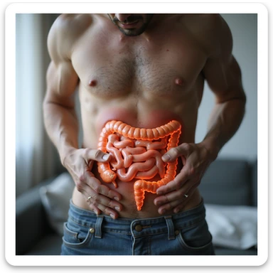 realistic man with athletic but swollen and reddened abdomen, stylized intestine highlighted with inflamed zones, expression of pain, natural light, clinical background, 4K quality sticker