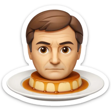 flan dessert sculpted as the bust and head of François Fillon, realistic flan texture, caramel hair, on a round white plate sticker