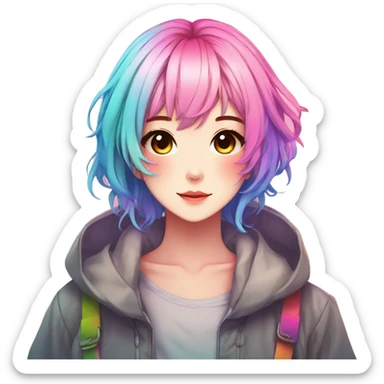 Gorgeous anime style shojo character with blushing face aesthetic and pretty colorful shiny gradient neon rainbow hair with hair garment trending style sticker