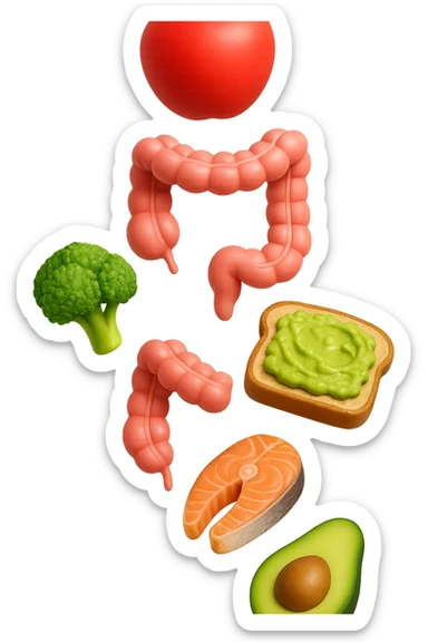 emoji stile iphone in 3d di cibo sano che fluttua in aria vericalmente insieme ùa pezzi di colon umano anatomico, iperrealistico 4k sticker