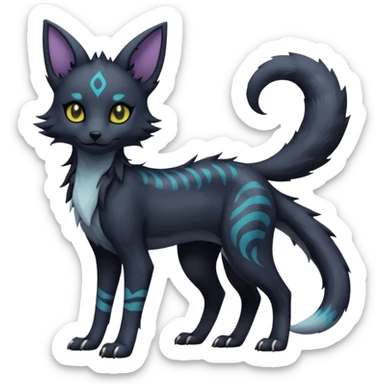 Kawaii dark edgy gloomy dusky dull-colored fantasy ethereal feline-vernid-sergal-umbreon-fursona animal creature with a tufted tail full body with intricate markings  sticker