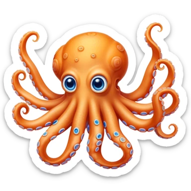 Cinematic Noble smiling Octopus Portrait Emoji, Poised and enchanting, with a light orange body adorned with vibrant blue rings and eight delightfully curling arms with gentle suckers, large sparkling eyes exuding warmth and playfulness, Simplified yet charmingly expressive features, highly detailed, glowing with a soft, magical underwater radiance, high shine, intelligent and irresistibly cute, stylized with an air of whimsical marine enchantment, focused and fluid, soft glowing outline, capturing the essence of a watchful and endearing octopus that appears ready to float out of the screen with delightful charm! sticker