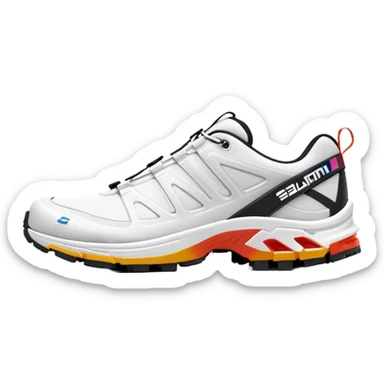 Clean white Salomon XT-6 sneakers with prominent colored Salomon logo stripe in the middle, one behind the other, iOS emoji style, white design with only the middle brand stripe in color sticker