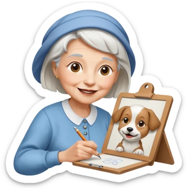 An elderly woman sketching, art board,nice picture, puppy face. sticker