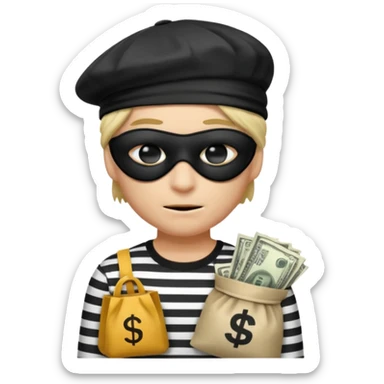 a short ios emoji-style portrait of a classic burglar, a black eye mask (looks like a blindfold) and a black-and-white striped shirt. emoji-like hair, black hat, ONE bag of money 💰 with a dollar sign in a right corner sticker