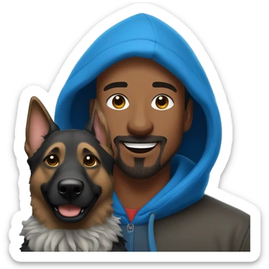 man with dreadlocks, mustache and goatee expressing joy dressed in a blue hoodie alongside a dark brindle colored german shepherd dog sticker