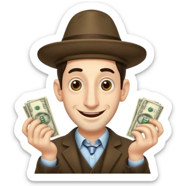 Jewish man with a big nose having his hands clenched together while smiling when he sees money , add the side curls and the funny hat  sticker