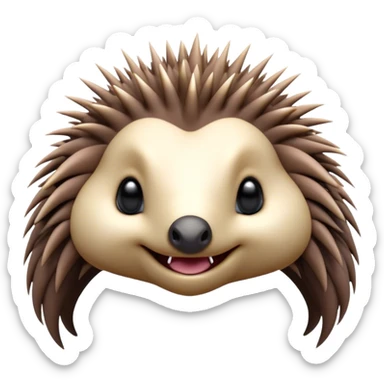 Cinematic Cute Echidna Portrait Emoji, Head tilted playfully and inquisitively, featuring a fuzzy, spiky fur with an adorably scrunched face and a cute, pointed snout, round, sparkling eyes filled with gentle curiosity, Simplified yet irresistibly adorable features, highly detailed, glowing with a warm, friendly glow, high shine, affectionate and quirky, stylized with a touch of natural whimsy, bright and endearing, soft glowing outline, capturing the essence of a mischievous yet loving echidna, so playful it feels like it could nuzzle out of the screen into your arms! sticker