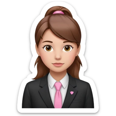 girl with brown hair in a ponytail in the middle with pink blush on her face and a suit sticker