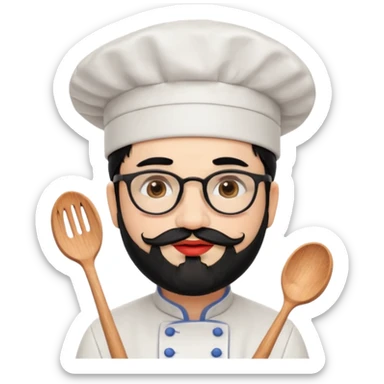 CHEF CON PIEL BLANCA, GORRO DE CHEF, PELO NEGRO Y BARBA NEGRA, OJOS MARRON OSCURO Y GAFAS DE PASTA NEGRAS. SONRIE Y TIENE MARCAS DE BESOS CON FORMA DE LABIOS EN LAS MEJILLAS (COMO MANCHAS DE PINTALABIOS) sticker