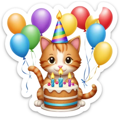 Ginger tabby kitten celebrates birthday, birthday hat, birthday cake, one candle, balloons, happy, gifts sticker