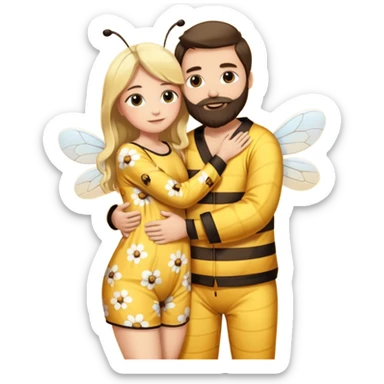  Man long dark brown hair, white skin, medium beard, full body in cute bee pijama hugging a woman with blonde hair in a flower suit  sticker