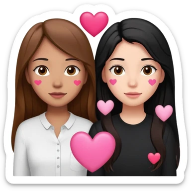 Dos mujeres juntas que una sea de color trigueña cabello largo castaño con una raya en medio polo blanco y de color blanca cabello largo negro polo negro, y tengan un corazones rosados pequeños  arriba sticker