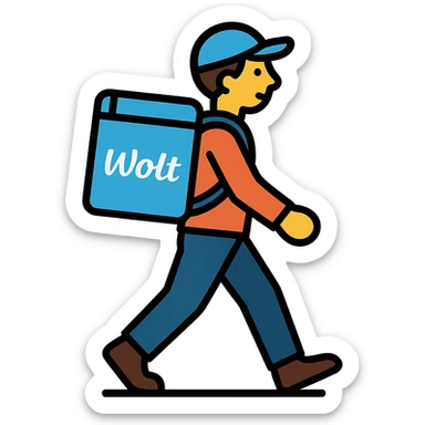 person walking with a Wolt-branded backpack, modern style sticker