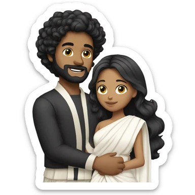 Light skin;Black long hair girl  in a white saree hugging with a man with black beard and curly hair on top sticker