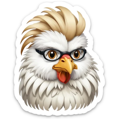 A White Silkie Bantam rooster dressed like a doctor.  The head feathers look like a large, fluffy wig.  sticker