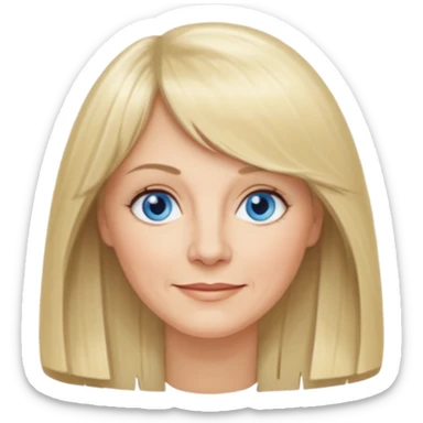 50 yr old white woman, curtain bangs, very long straight blond hair, oval face, small smile, blue eyes, thin face, hair down to elbows, round cheeks, pale sticker