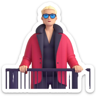 guy on balcony in winter with open jacket showing bare chest, wearing sunglasses, view from below sticker