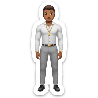 Handsome Black guy with brown skin tone, with lean muscular build, wearing gray slacks, a long sleeved white button up top, black shoes, and a small gold chain sticker