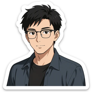 anime style Asian male, mid-20s, Ray-Ban half frame glasses sticker