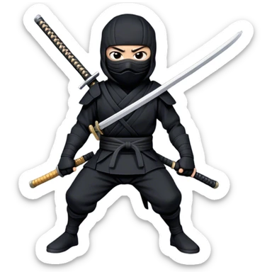  A emoji cartoon-style digital illustration of a ninja dressed in a full black outfit with a face mask, leaving only the eyes visible. The ninja has a serious and focused expression. A katana sword is strapped to their back, with the handle visible over one shoulder. The background is plain white sticker