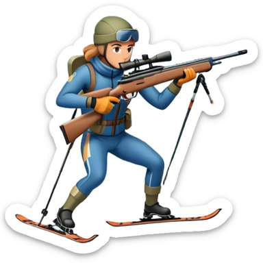 An icon showing a snowy landscape with pine trees, mountains and a clear sky with a biathlete aiming a rifle in the foreground, wearing winter gear and skis. Transparent background emphasizes the precision, endurance, and beauty of this winter sport. sticker