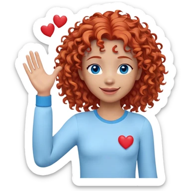 A 3D cartoon-style avatar with a friendly, expressive face. The avatar has curly red hair, bright blue eyes, and a warm smile. It wears a simple white long-sleeve shirt and has a playful pose, with one hand raised and small red hearts floating around sticker