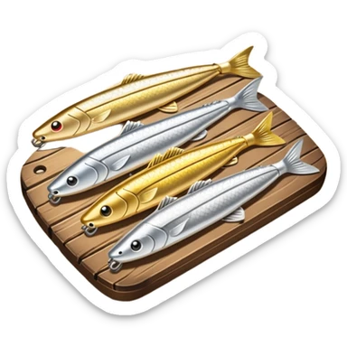 A metal lure set arranged on a wooden plank sticker