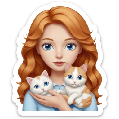Long wavy strawberry blonde blue eyes woman with a white cat with blue eyes realistic  sticker