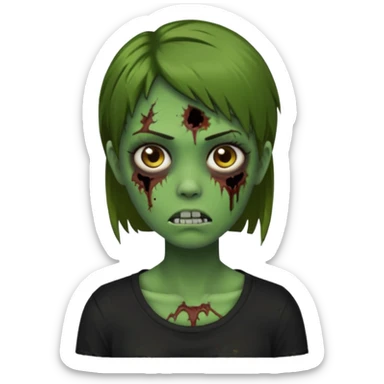 Zombie girl emoji verde com cabelo curto liso castanho no ombro com uma blusa preta sticker