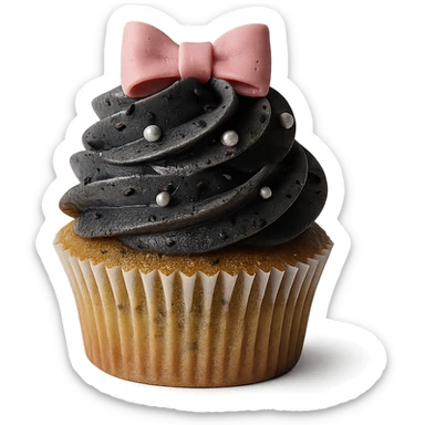 Change the icing to black sesame: dark gray, slightly glossy, speckled with black sesame seeds. Keep the realistic cupcake and accessories in photorealistic style with transparent background. sticker