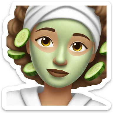 White girl with Brown hair and blue eyes wears a Green colored skincare clay textured mask and puts on cucumbers around her eyes while She relaxes in her white Robe sticker