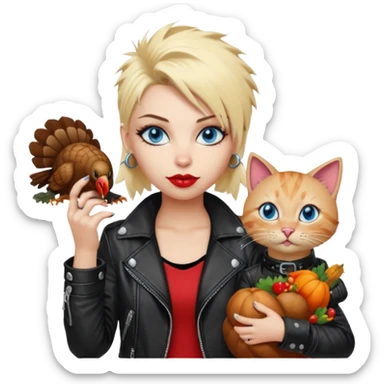A blonde punk rocker woman with blue eyes with a thanksgiving turkey cat sticker