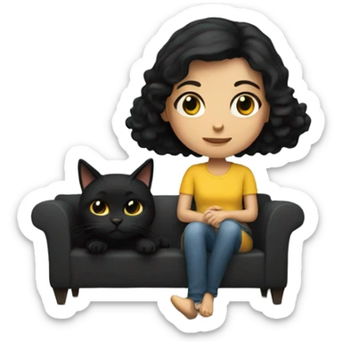 dark haired girl sitting on couch with a black cat in her lap sticker