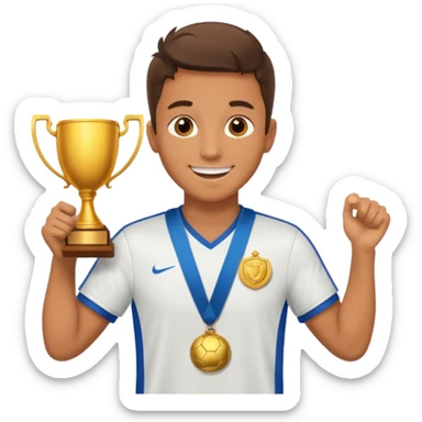 happy soccer player with a first-place medal and a trophy sticker