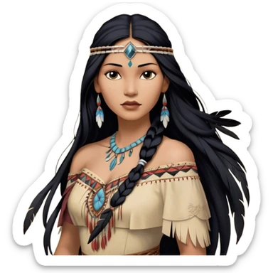 Cinematic Realistic Pocahontas Portrait, depicted with lifelike skin texture, soft natural lighting, and intricately detailed long, flowing raven-black hair that moves gracefully in the wind. Her deep, soulful dark brown eyes exude wisdom and strength, complemented by a serene yet powerful expression. She is shown gently holding a feather in one hand, her other hand resting lightly at her side, embodying the harmonious balance between nature and herself. She is dressed in her classic one-shoulder native American dress, with rich fabric textures and delicate beaded details that catch the light beautifully. The portrait features a soft, sun-kissed glow with a natural, radiant finish, capturing the essence of untamed beauty and deep connection to nature in a realistic and painterly style, evoking a sense of depth and authenticity. sticker